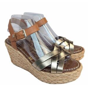 Sam Edelman Darlina strappy leather tan & pewter espadrille platform sandal 8